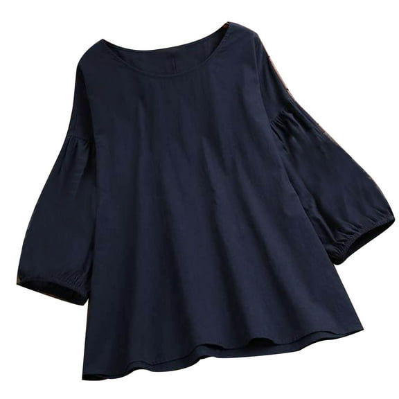 Womens Plus Size Tops Relax Fit Hide Belly Tunic Tops 3/4 Lantern Sleeve Crewneck T Shirts Solid Cotton Linen Blouses