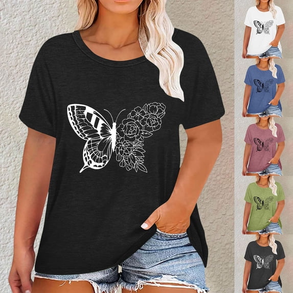 Womens Plus Size Tops Round Neck Graphic Tshirts Casual Loose Fit Cute Tee