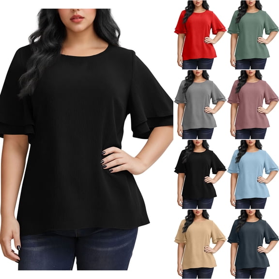 Womens Plus Size Tops Ruffle Layered Short Sleeve Summer T Shirts Dressy Casual Blouses with Split Hem (XL, Black)