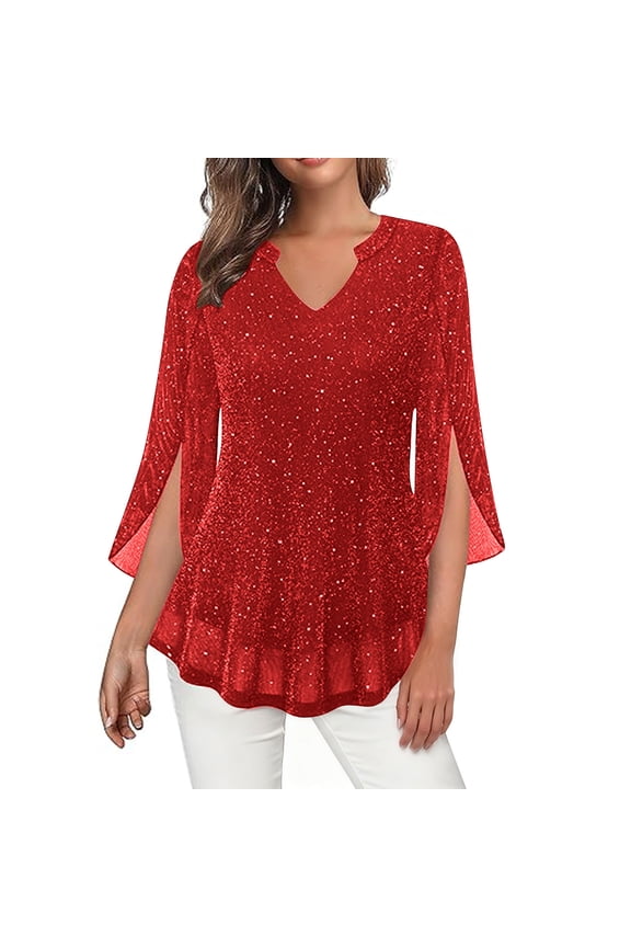 Womens Plus Size Tops Sequin Ruffle 3/4 Sleeve Top Sparkly V Neck Blouses Dressy Casual Spring Party Henley Shirts