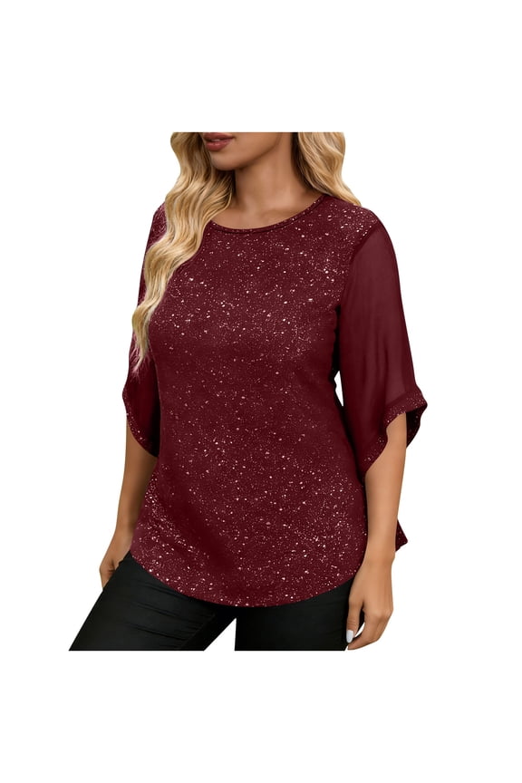 Womens Plus Size Tops Sexy Glitter Round Neck Sparkly Tees Summer Short Ruffle Sleeve Shirts Party Club Night Blouse Womens Evening Tops