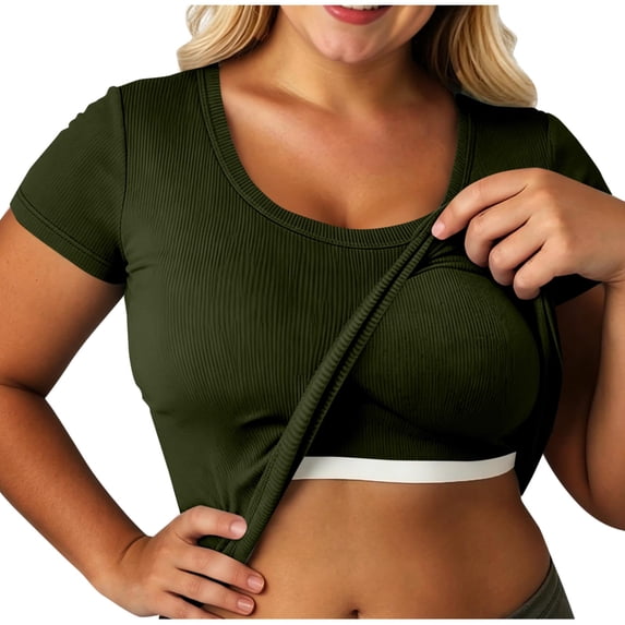 Womens Plus Size Tops Short Sleeve Built in Bra Soft Comfy Lounge Crew Neck Ribbed Knit Slim Fitted Basic Tees XL-5XL