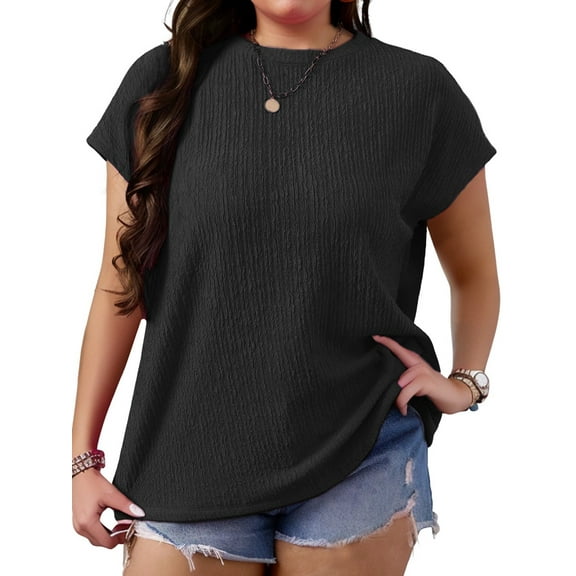Womens Plus Size Tops Short Sleeve Crewneck Summer Tops Casual Loose Light-Weight Basic Pullover Shirts Black 5XL