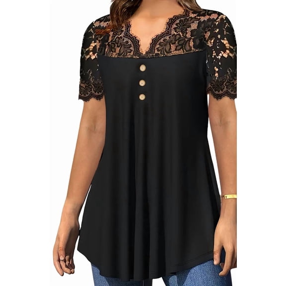 Womens Plus Size Tops Short Sleeve Henley Shirts Lace Pleated Buttons Up V Neck Tunic Blouses Black XL