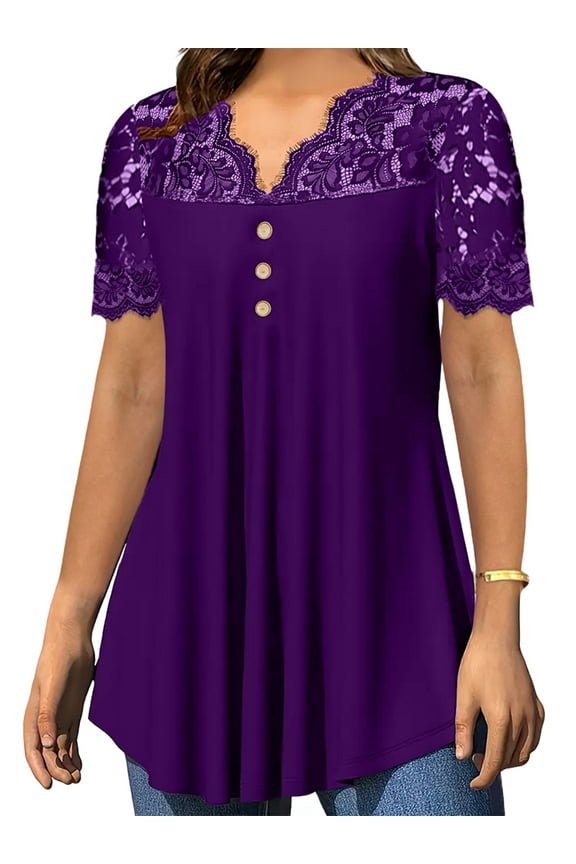 Womens Plus Size Tops Short Sleeve Henley Shirts Lace Pleated Buttons Up V Neck Tunic Blouses Dark Violet L