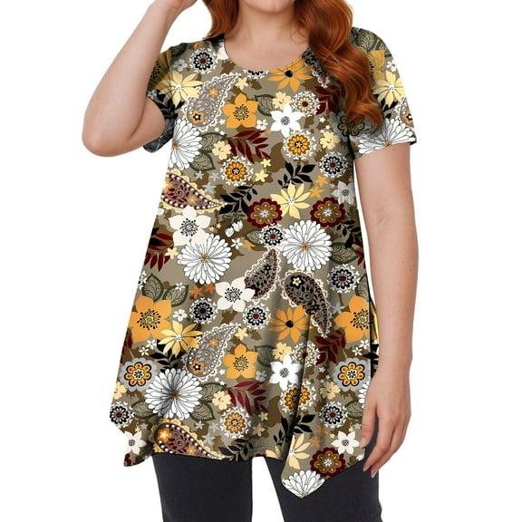 Womens Plus Size Tops Yellow Swing Tunic Tops Summer Dressy Short Sleeve Paisley Floral Blouse 2XL