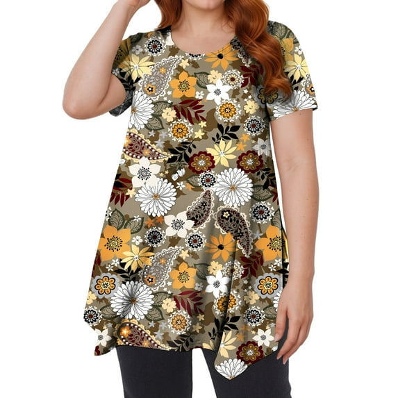 Womens Plus Size Tops Yellow Swing Tunic Tops Summer Dressy Short Sleeve Paisley Floral Blouse 2XL