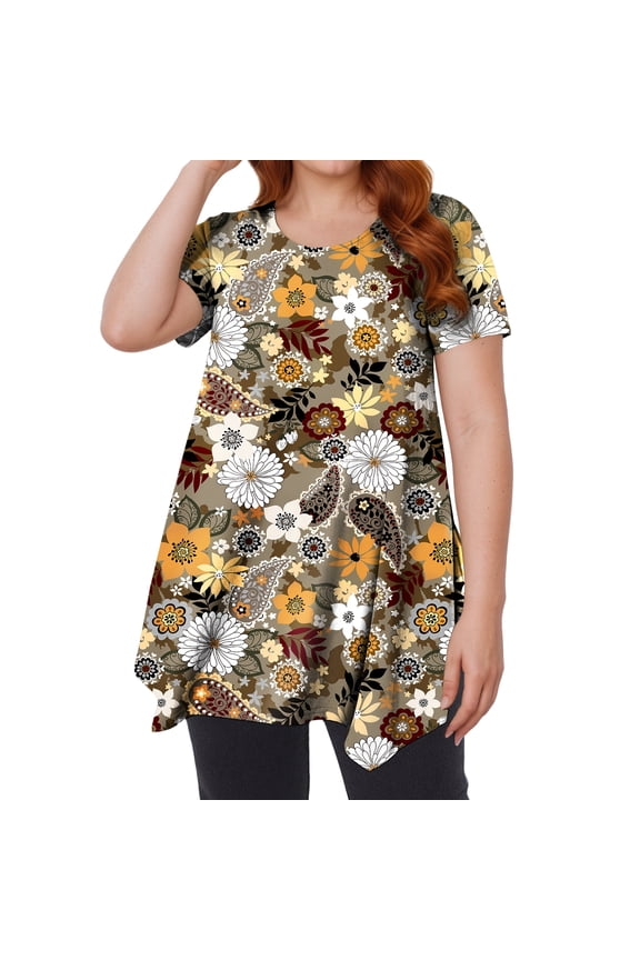 Womens Plus Size Tops Yellow Swing Tunic Tops Summer Dressy Short Sleeve Paisley Floral Blouse L