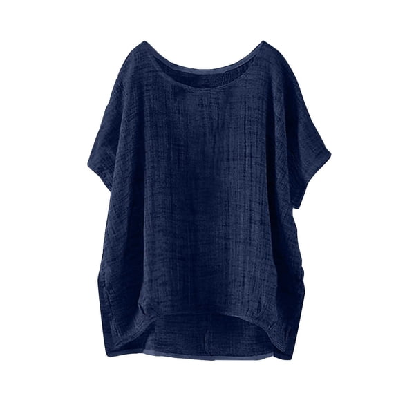 Womens Plus Size Tops, Short Sleeve Shirts for Women Summer Casual Lightweight Cotton Linen Crewneck Dressy Blouses