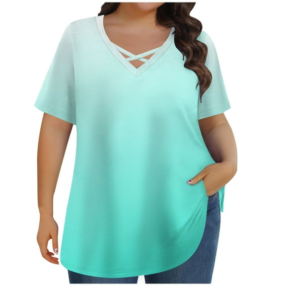 Womens Plus Size Tops, Short Sleeve Shirts for Women Summer Fashion Loose Fit Ombre Tie Dye Crisscross V Neck T-Shirts