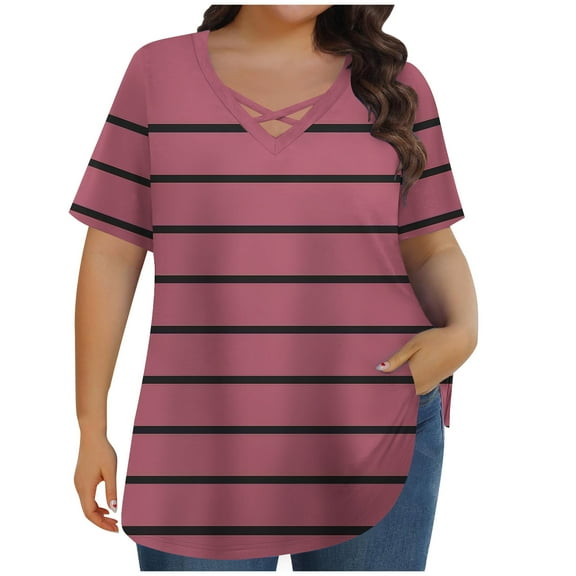 Womens Plus Size Tops, Short Sleeve Shirts for Women Summer Fashion Loose Fit Striped Printed Crisscross V Neck T-Shirts