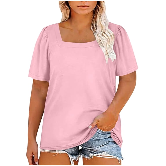 Womens Plus Size Tops Short Sleeve Square Neck Loose Fit Tee Shirts 1X-5X Plain Tshirts Summer Clothing (2XL, Pink)