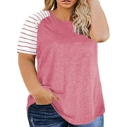 Womens Plus Size Tops Short Sleeve T Shirts Striped Raglan Tee Shirts Causal Summer Tunics Blouses