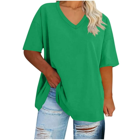 Womens Plus Size Tops Short Sleeve V Neck Casual Tunic Tops Summer Basic Shirts Loose Fit Blouse
