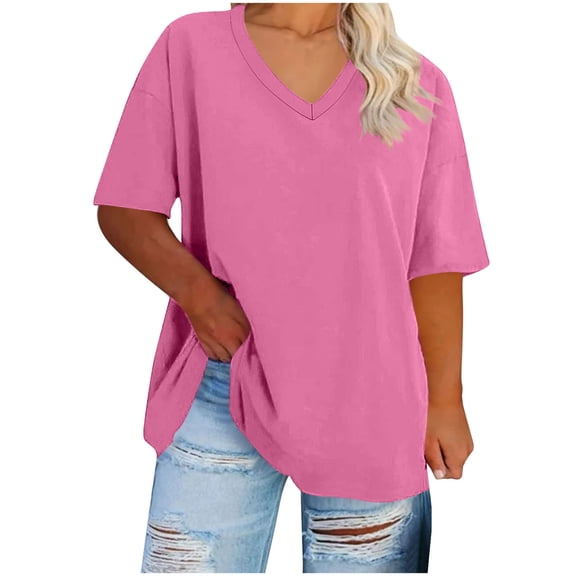 Womens Plus Size Tops Short Sleeve V Neck Casual Tunic Tops Summer Basic Shirts Loose Fit Blouse