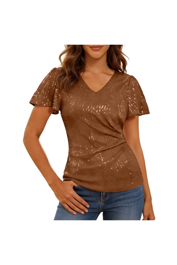 Womens Tops Sparkly V-Neck Glitter Tops with Side Ruched Detail for Party/Date Night