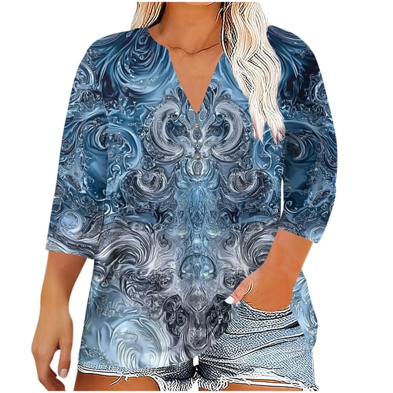 Womens Plus Size Tops Summer 3/4 Length Sleeve Casual Printed V-Neck Blouse Fashionable And Comfortable Top Spring Beach Vacation Trendy (Size:L-5XL)