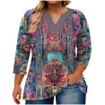 thumbnail image 1 of Womens Plus Size Tops Summer 3/4 Length Sleeve Gradient Large V-neck Three Quarter Sleeve Solid Color Spring Beach Vacation Trendy (Size:L-5XL), 1 of 5