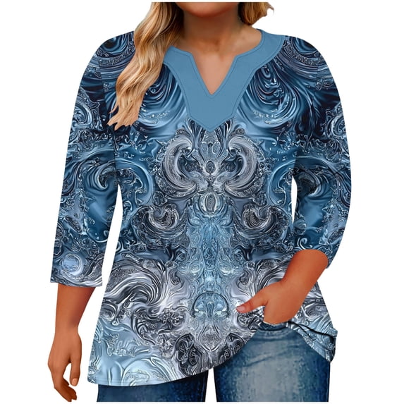 Womens Plus Size Tops Summer 3/4 Length Sleeve ‘s Oversized Gradient Large V-Neck Three Quarter Sleeve Blouse Fashionable Loose And Casual Tops (Size:L-5XL)