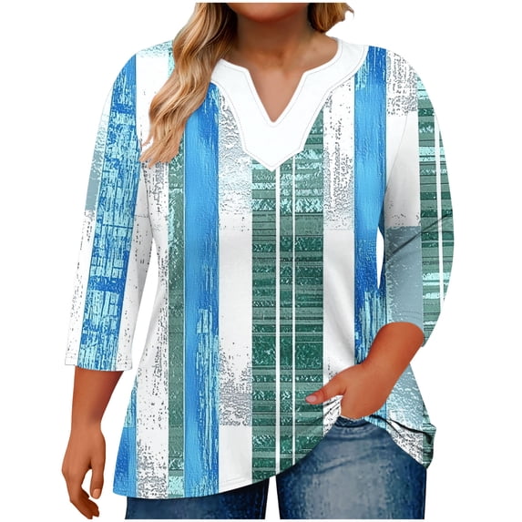 Womens Plus Size Tops Summer 3/4 Length Sleeve ‘s Oversized Gradient Large V-Neck Three Quarter Sleeve Blouse Fashionable Loose And Casual Tops (Size:L-5XL)