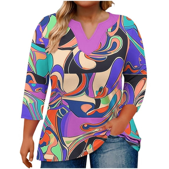 Womens Plus Size Tops Summer 3/4 Length Sleeve ‘s Oversized Gradient Large V-Neck Three Quarter Sleeve Blouse Fashionable Loose And Casual Tops (Size:L-5XL)