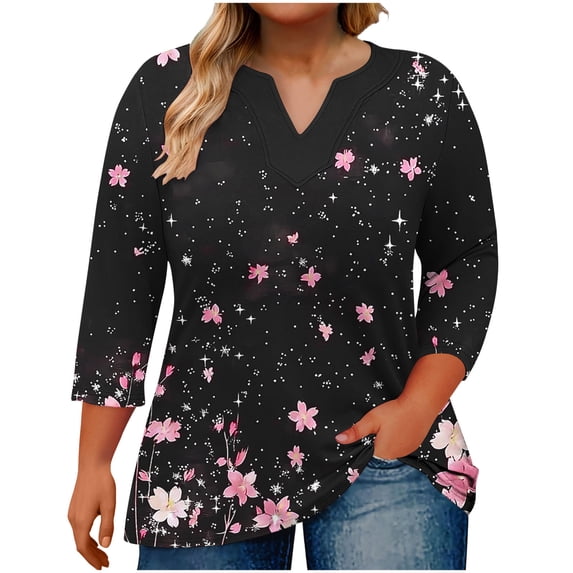 Womens Plus Size Tops Summer 3/4 Length Sleeve ‘s Oversized Gradient Large V-Neck Three Quarter Sleeve Blouse Fashionable Loose And Casual Tops (Size:L-5XL)