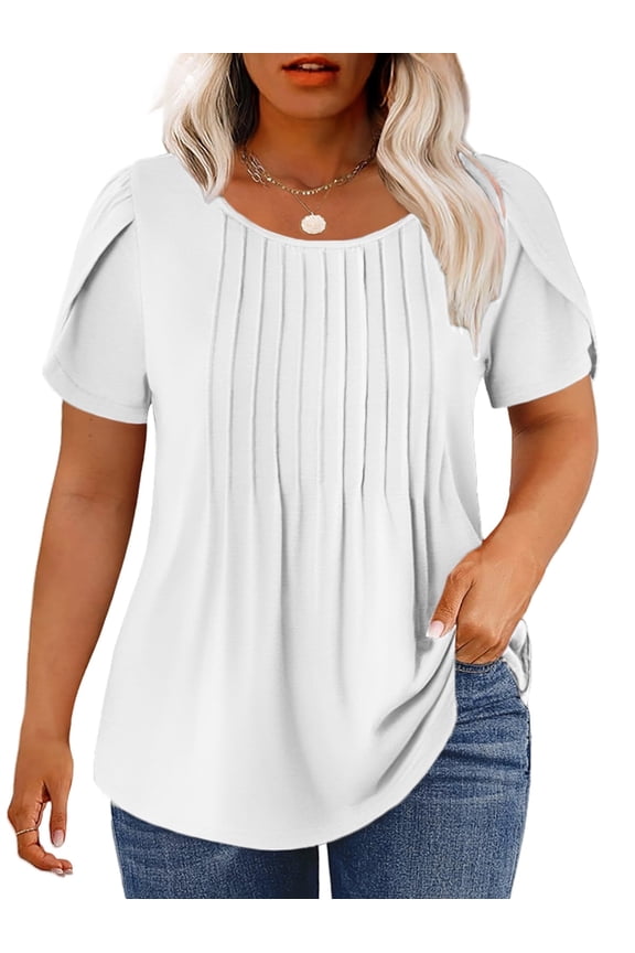 Womens Plus Size Tops Summer Petal Sleeve T Shirts Trendy Crew Neck 2025 Flattering Pleated Tunics 2X White