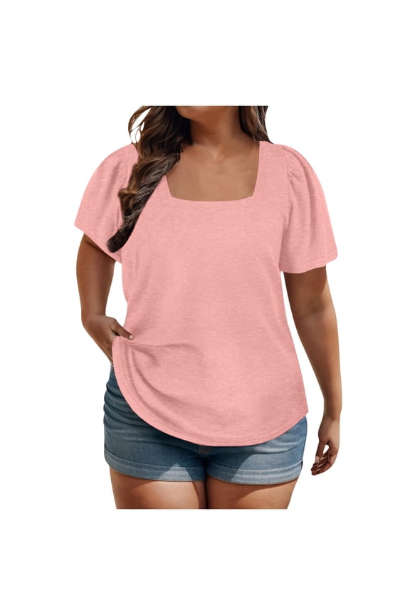 Womens-Plus-Size-Tops Summer Puff Short Sleeve T Shirts Square Neck Tees Loose Fashion Tunics XL-5XL