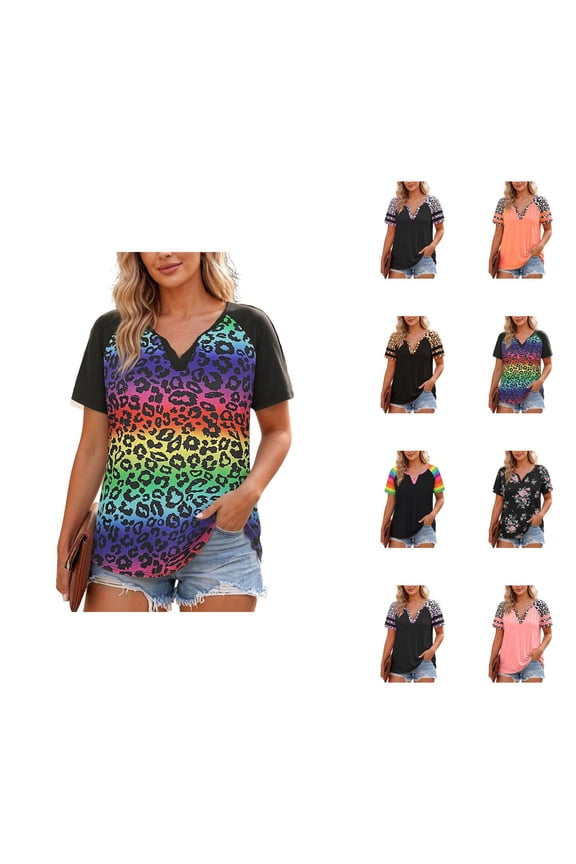 Womens Plus Size Tops Summer Raglan Short Sleeve V Neck Leopard Print Color Block Casual T Shirts