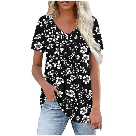Womens Plus Size Tops Summer Short Sleeve T-Shirts Loose Casual Pleated Tunic Tops Dressy Front Ruched Flowy Shirt Cute Floral Print Blouses V Neck Pullover Top for Women