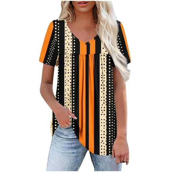 Womens Plus Size Tops Summer Short Sleeve T-Shirts Loose Casual Pleated Tunic Tops Dressy Front Ruched Flowy Shirt Cute Floral Print Blouses V Neck Pullover Top for Women