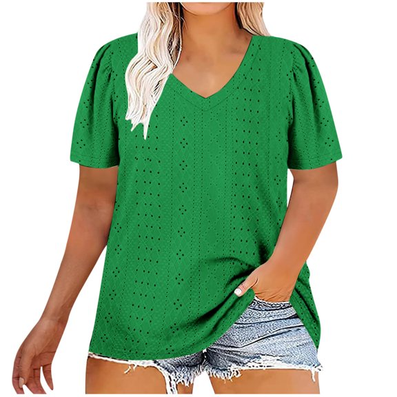 Womens Plus-Size Tops Summer Short Sleeve V Neck Eyelet Shirts