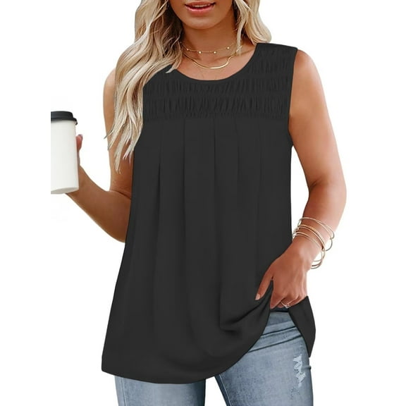 Womens Plus Size Tops Summer Sleeveless Tees Fashion Comfy Pleated Cami Shirts Black 3XL