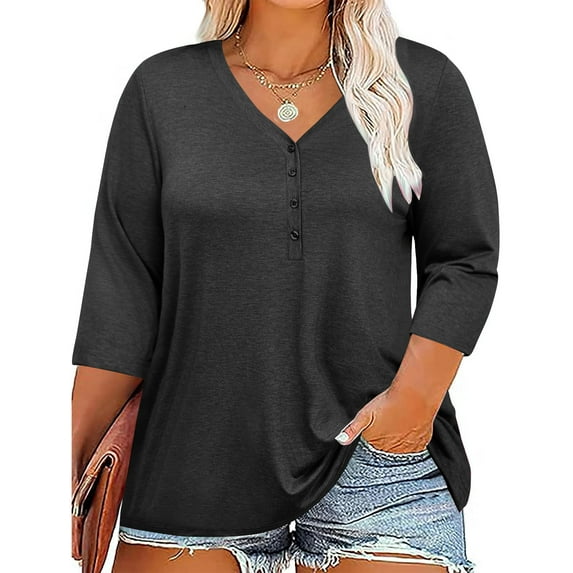 Womens Plus Size Tops Summer V Neck 3/4 Sleeve Casual Solid Color Tshirts Loose Basic Tunic Tees