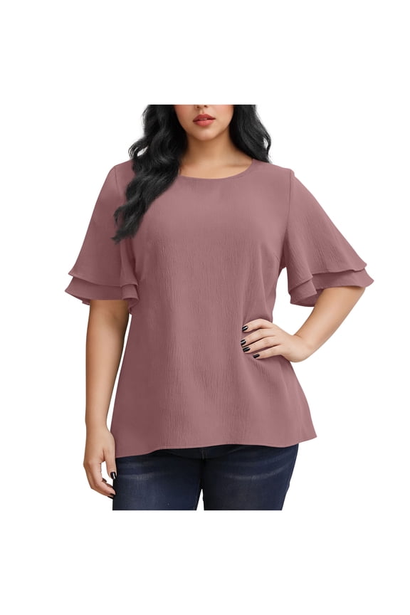 Womens Plus Size Tops Tunic Tiered Ruffle Sleeve Blouse With High-Low Hem And Button Cuff Detail (Size:L-4XL)