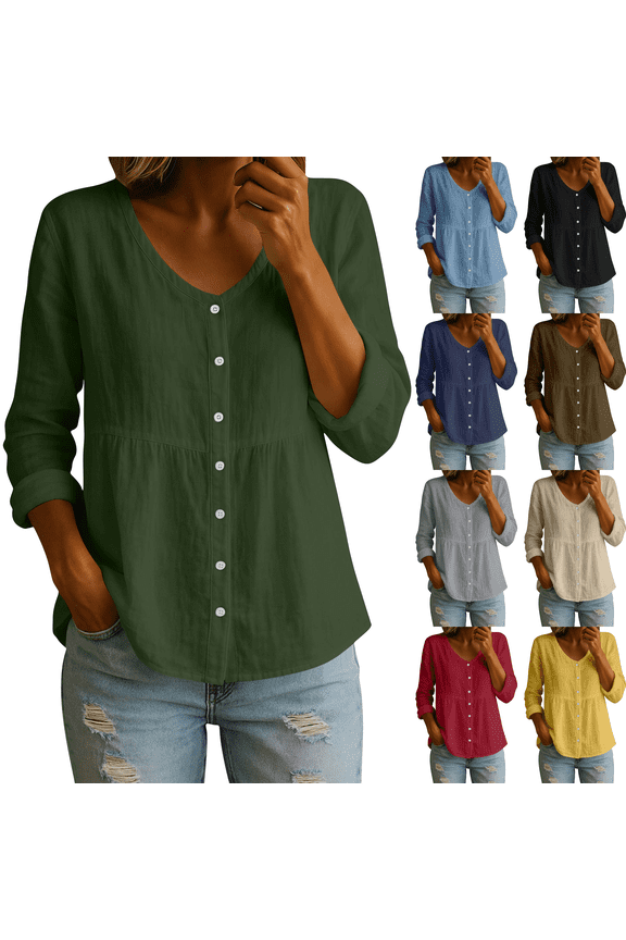 Womens Plus Size Tops V Neck Long Sleeve Button Down Shirts Blouse Casual Loose Spring Summer Work Tops,Sizes S-5XL
