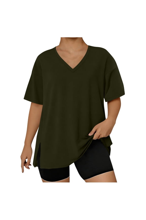 Womens Plus Size Tops V Neck Side Split Short Sleeve Shirts Oversized Casual Loose Tee Soft Comfy Basic Summer T-Shirt