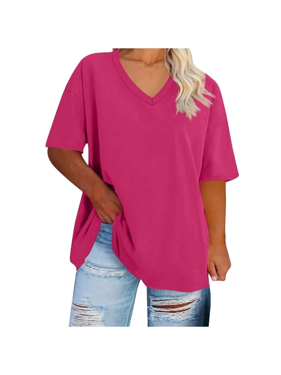 Womens Plus Size Tops V Neck Summer Half Sleeve T Shirts Casual Loose Fitted Plain Tunic Tops S-5XL