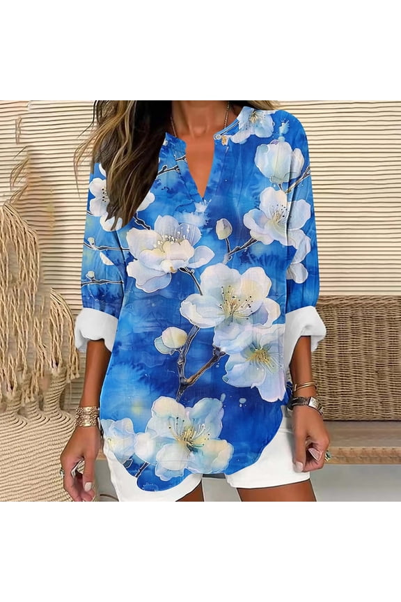 Womens Plus Size Tops V Neck T-Shirts Blouses Casual Soft Flowy Tunic Long Roll Tab Sleeves With Buttons Multicolor 4XL