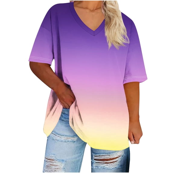 Womens Plus Size Tops, V Neck T Shirts for Women Summer Oversized Fashion Ombre Tie Dye Short Sleeve Shirts
