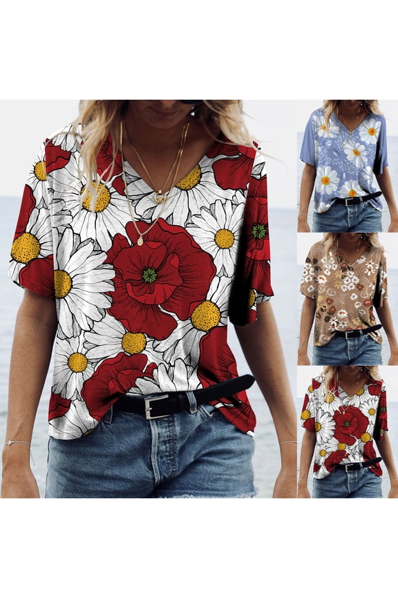 Womens Plus Size Tops,Womens Blouses,Women Casual T-shirt Floral Printed V-Neck Short Sleeve Pullover Blouse Tops Shirt