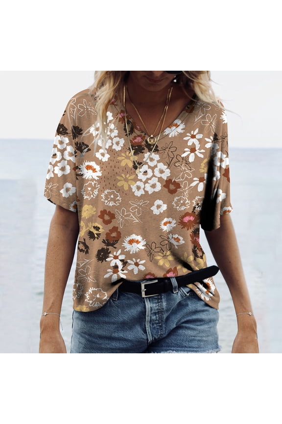 Womens Plus Size Tops,Womens Blouses,Women Casual T-shirt Floral Printed V-Neck Short Sleeve Pullover Blouse Tops Shirt