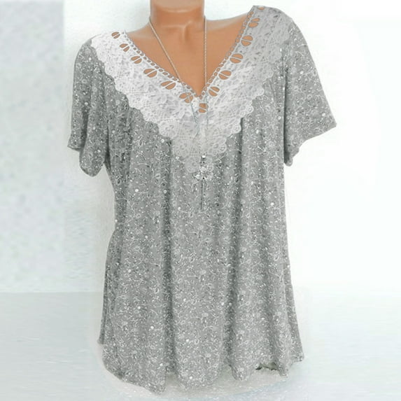 Womens Plus Size Tops,Womens Blouses Clearance,Women Fashion Casual Printing Shirts Short Sleeve Tops V Neck Lace Stitching Blouse Shirt Best Sell