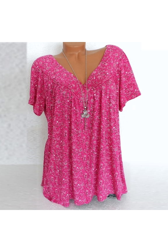 Womens Plus Size Tops,Womens Blouses,Women Plus Size Short Sleeves V-Neck Print Blouse Pullover Tops Shirt Shirt