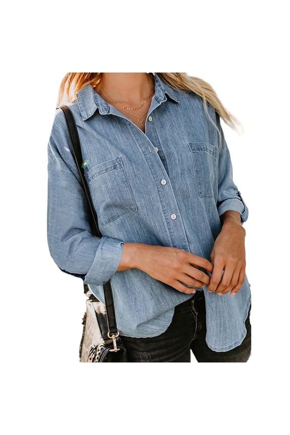 Womens Plus Size Tops,Womens Blouses,Women's Fashion Autumn Winter Single Breasted Cardigan Solid Color Denim Shirt Long Sleeve Shirt Tops Shirt
