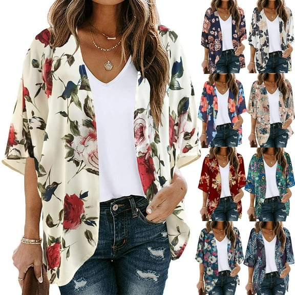 Womens Plus Size Tops,Womens Blouses,Women's Floral Print Puff Sleeve Kimono Cardigan Loose Chiffon Cover Up Casual Blouse Tops Shirt