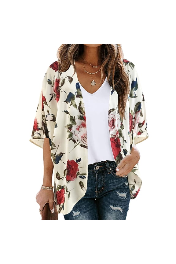Womens Plus Size Tops,Womens Blouses,Women's Floral Print Puff Sleeve Kimono Cardigan Loose Chiffon Cover Up Casual Blouse Tops Shirt