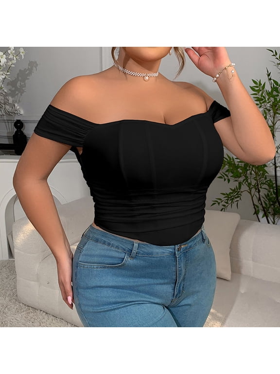 Womens Plus Size Tops XL-4XL Tube Off the Shoulder Lace Camisoles for Women Zip Up Back Slim Backless Summer Shirts