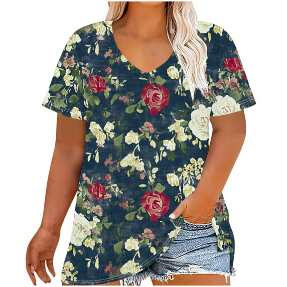 Womens Plus Size Tops XL-5X Floral Print Short Sleeve V Neck Tee Shirts Loose Tunic Tshirts Casual Summer Clothes (4XL, Navy 02)