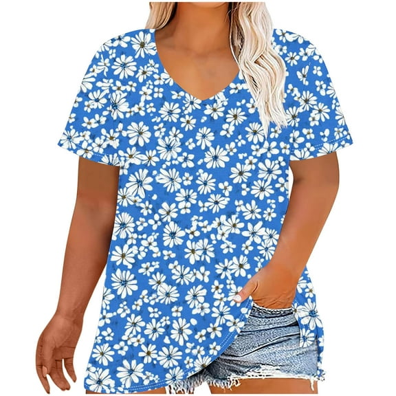 Womens Plus Size Tops XL-5X Floral Print Short Sleeve V Neck Tee Shirts Loose Tunic Tshirts Casual Summer Clothes (5XL, Blue 01)